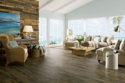 Dark wood-look laminate flooring in living room