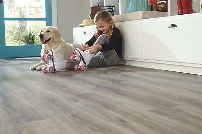 Little girl and dog sitting on laminate flooring